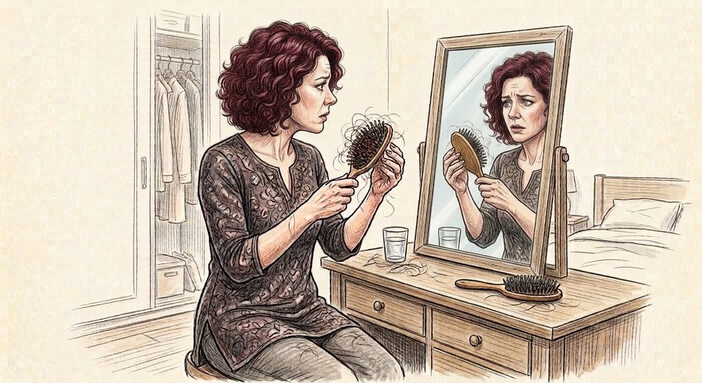 A woman examining hair loss in her hairbrush