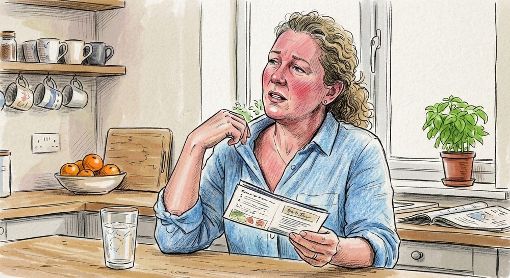 A woman mid hot flush in her kitchen