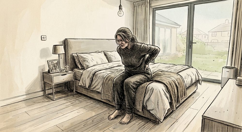 A woman wincing with lower back pain sitting on the edge of her bed