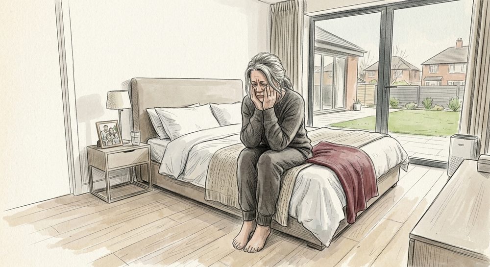 A woman sitting on the edge of her bed, head in her hands
