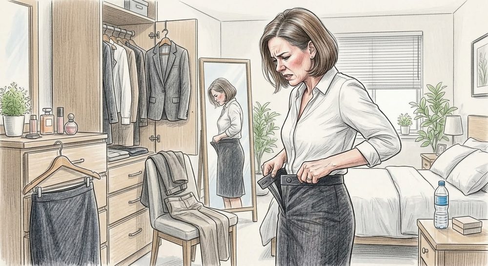 A woman struggling to fasten a skirt that no longer fits