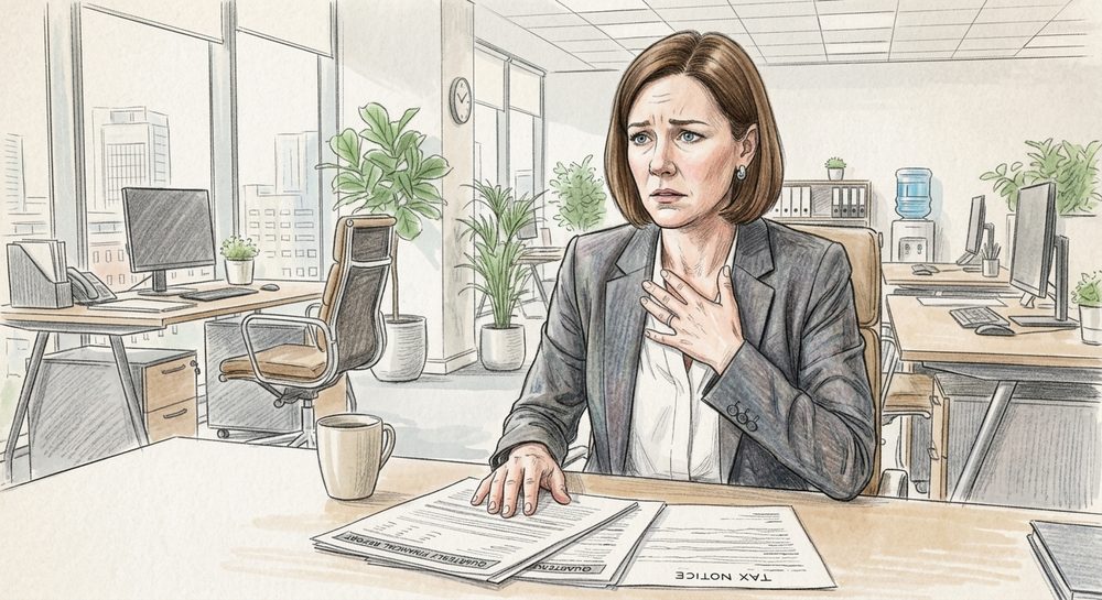 A woman at her office desk, hand on chest, amid work stress